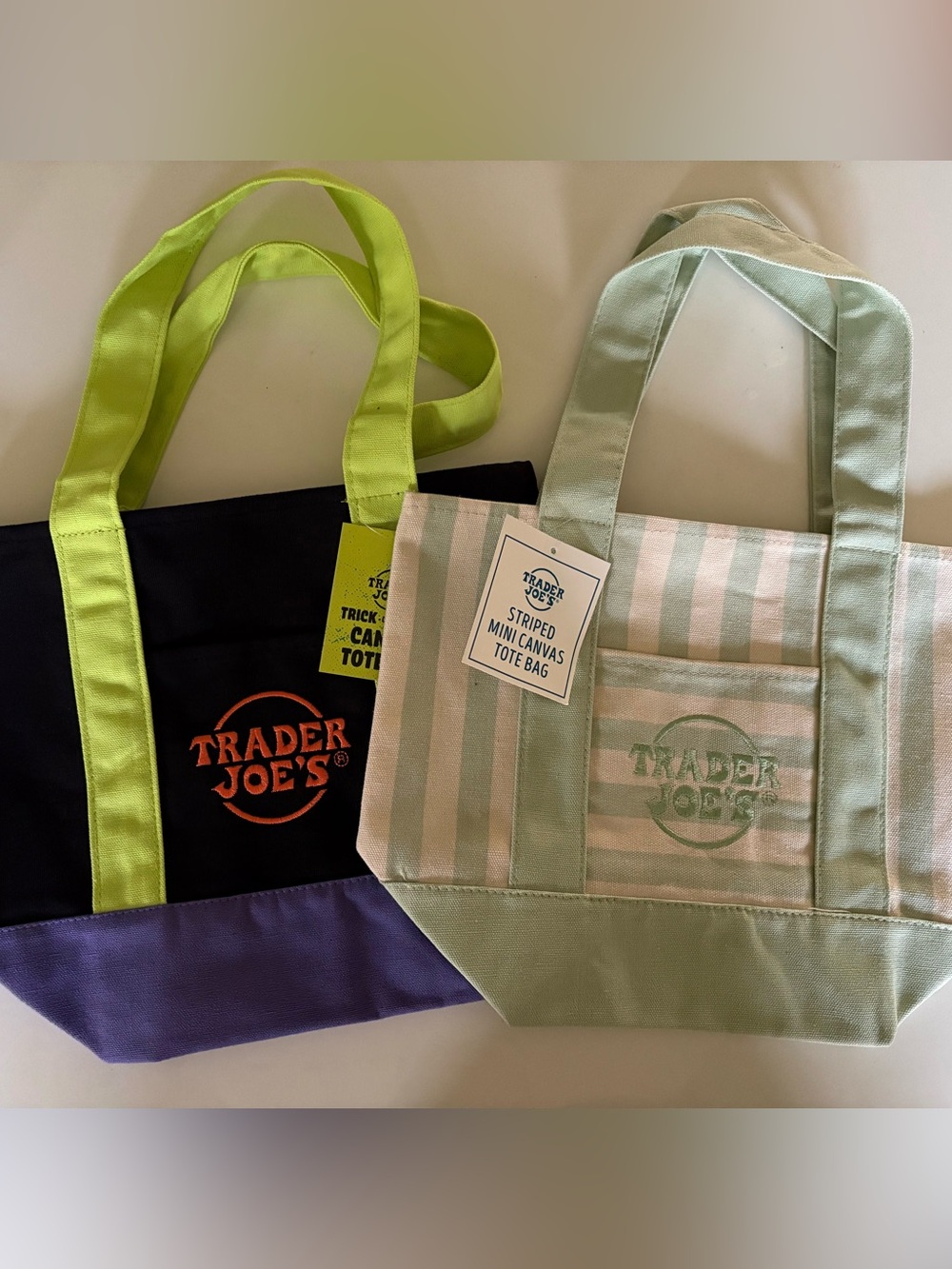 Trader Joe's Totes Set of 2 - Green Striped Mini Canvas & Trick or Treat